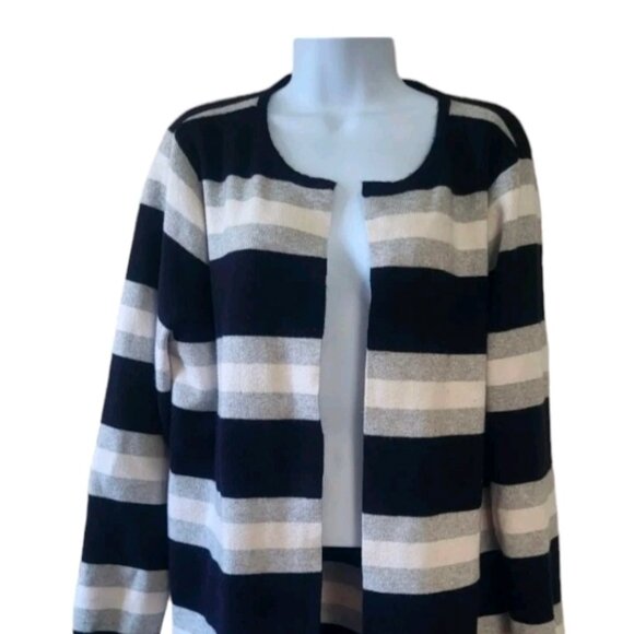 Elle Cardigan Womens Size S Black, White and Gray Striped Open Front Thick Knit - Picture 1 of 4